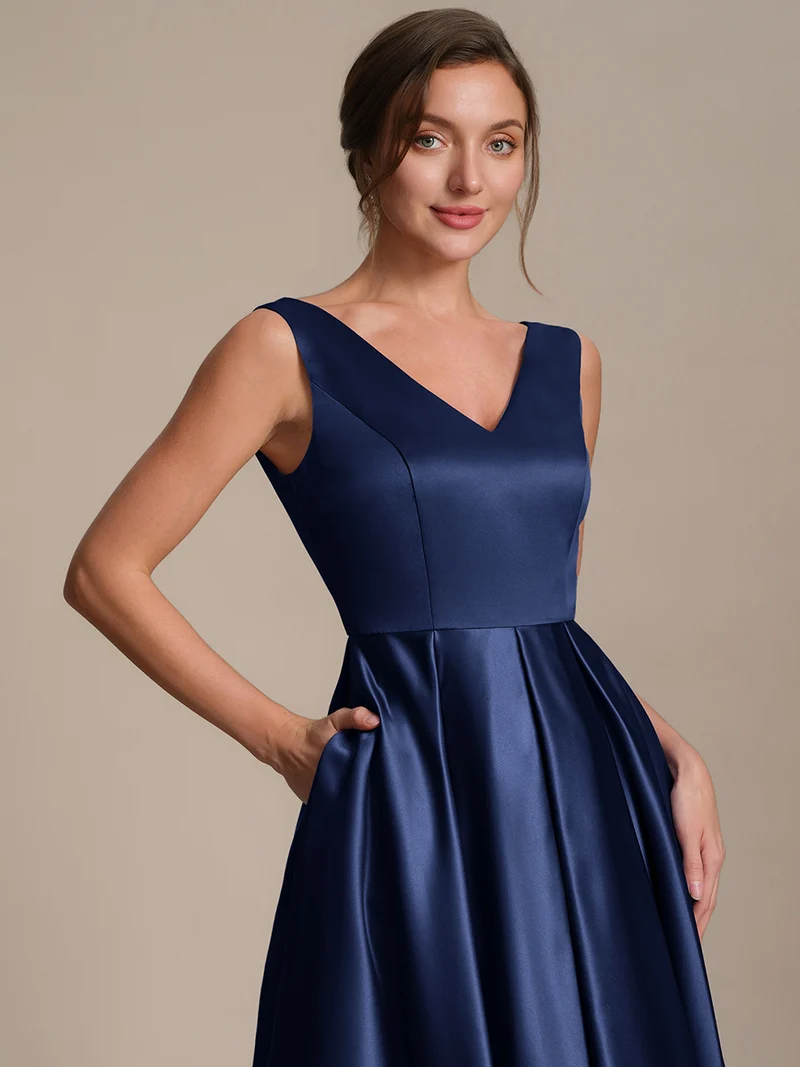 Robe midi de bal sans manches à volants plissée avec décolleté en V