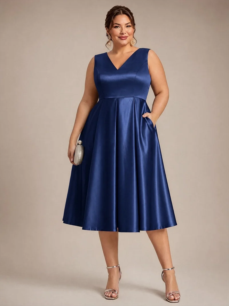 Robe midi de bal sans manches à volants plissée avec décolleté en V