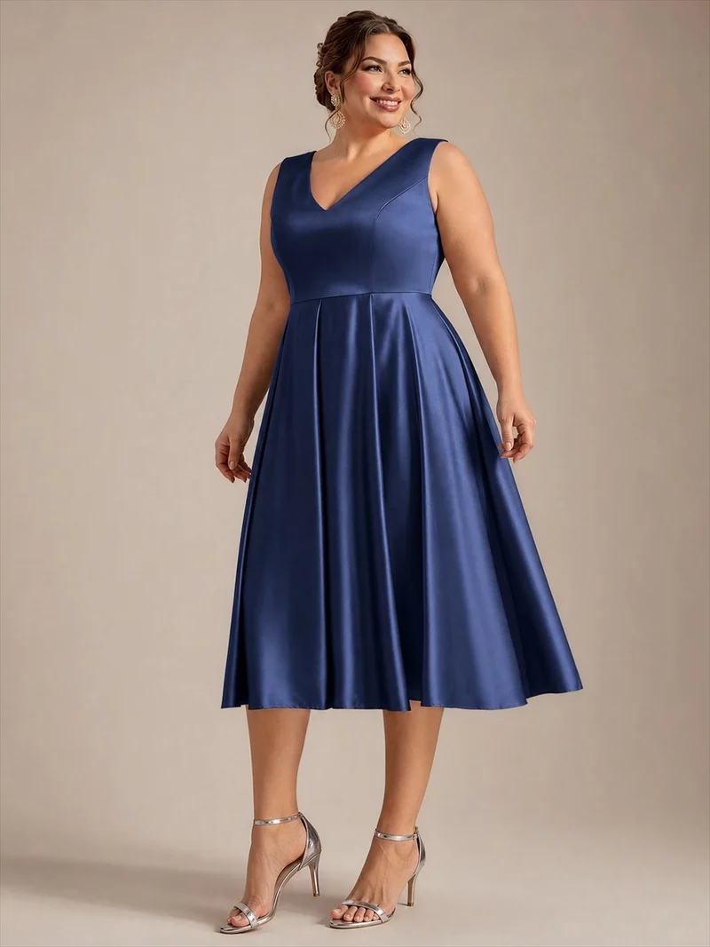 Robe midi de bal sans manches à volants plissée avec décolleté en V