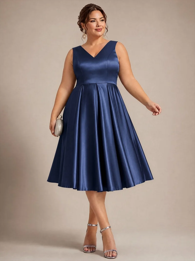 Robe midi de bal sans manches à volants plissée avec décolleté en V