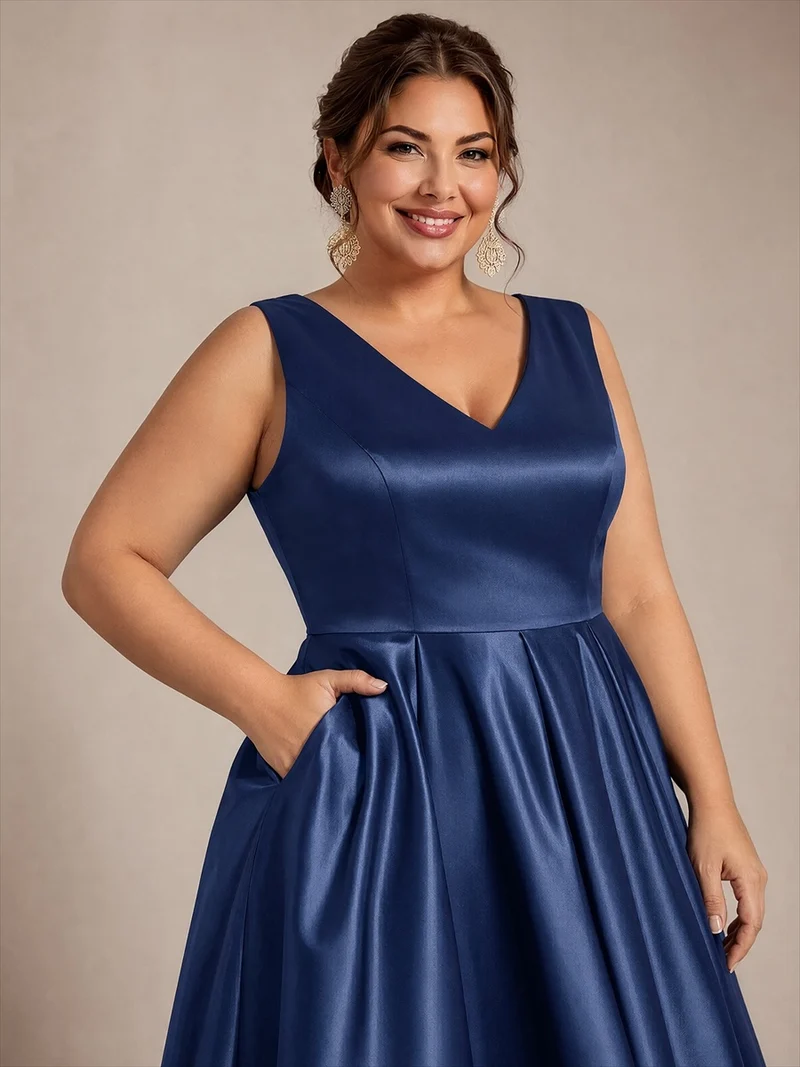Robe midi de bal sans manches à volants plissée avec décolleté en V
