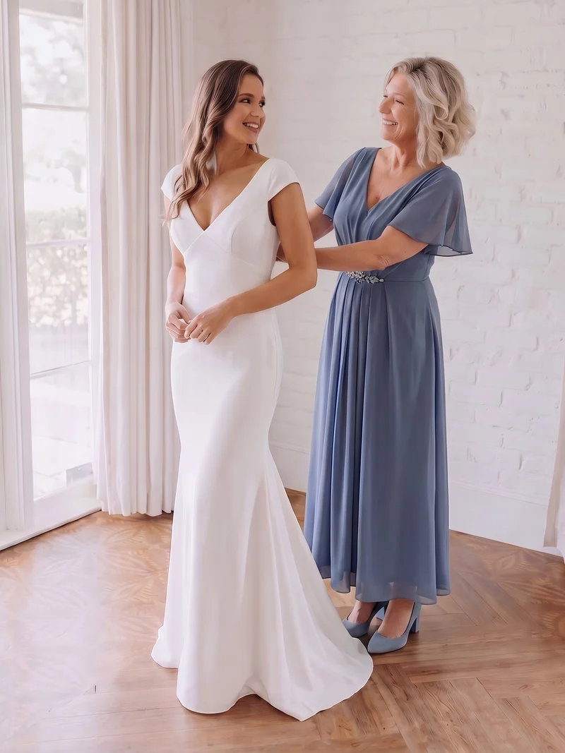 Robe d'invitée à col en V orné de strass et manches à volants