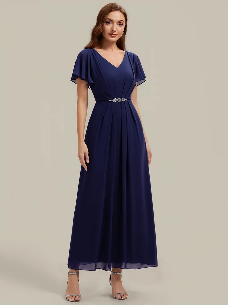 Robe d'invitée à col en V orné de strass et manches à volants