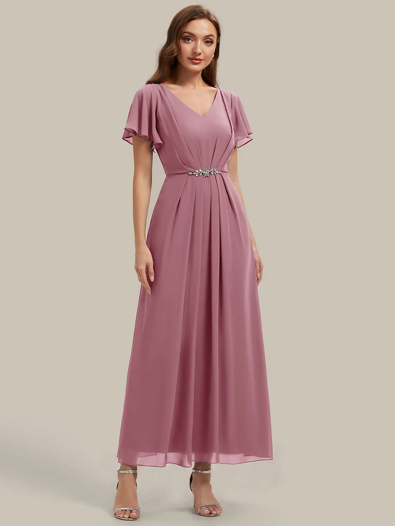Robe d'invitée à col en V orné de strass et manches à volants