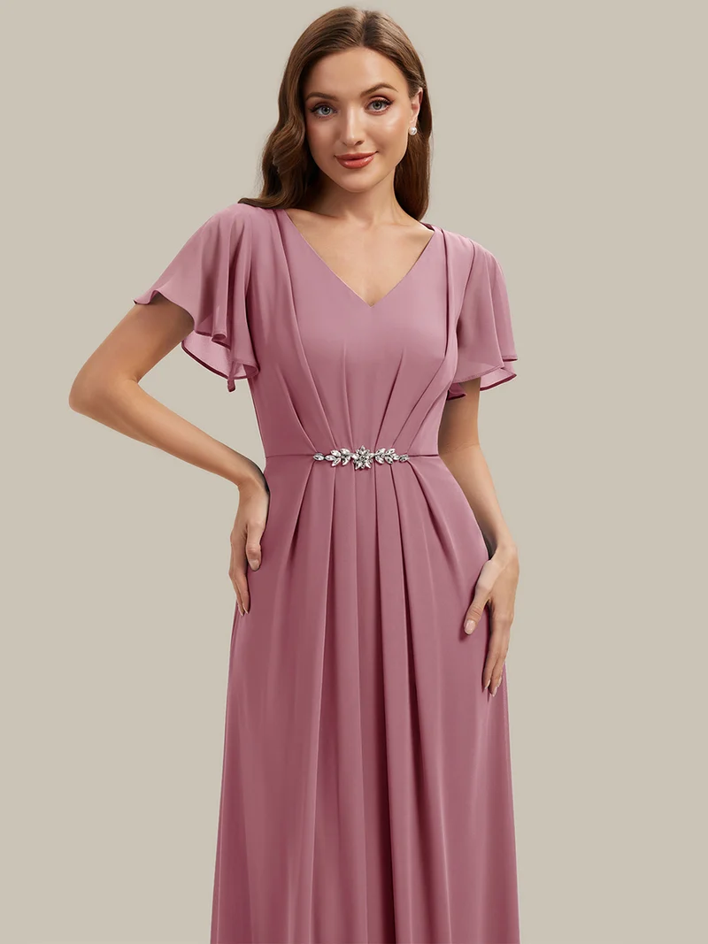 Robe d'invitée à col en V orné de strass et manches à volants