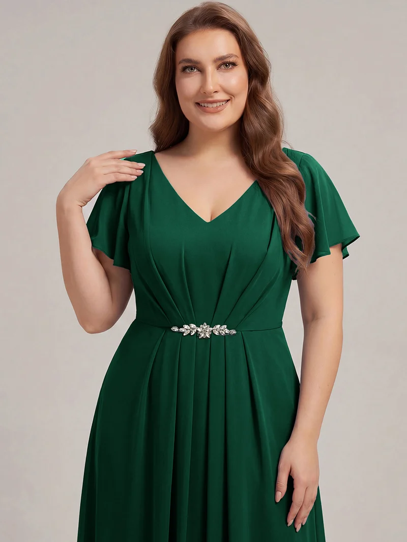 Robe d'invitée à col en V orné de strass et manches à volants