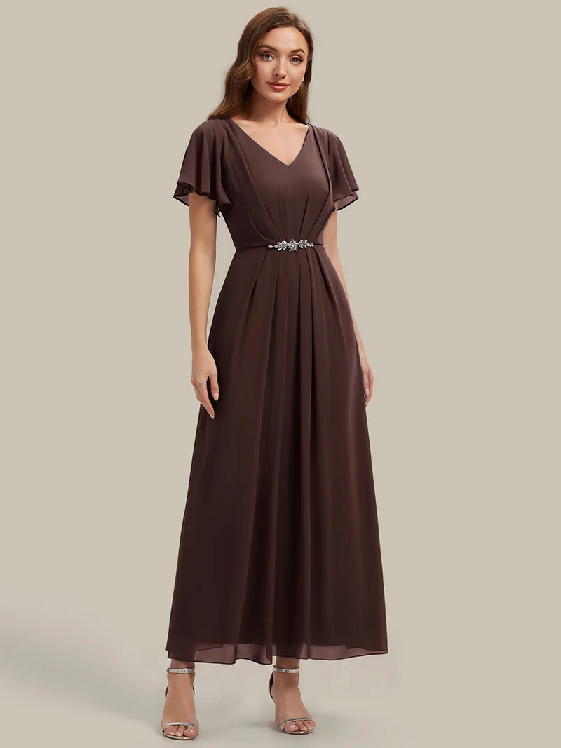 Robe d'invitée à col en V orné de strass et manches à volants