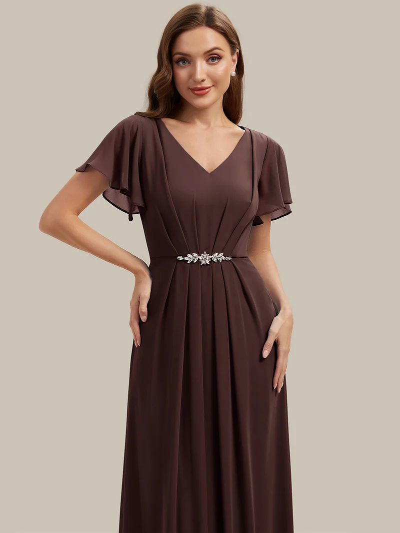 Robe d'invitée à col en V orné de strass et manches à volants
