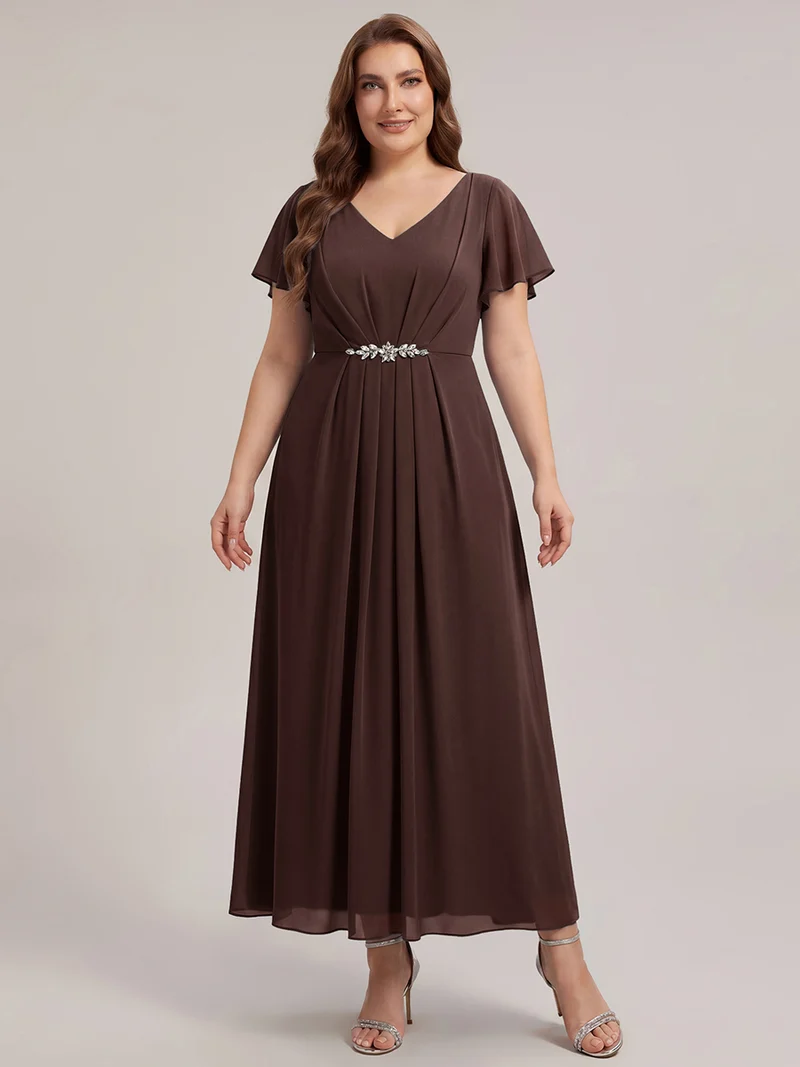 Robe d'invitée à col en V orné de strass et manches à volants