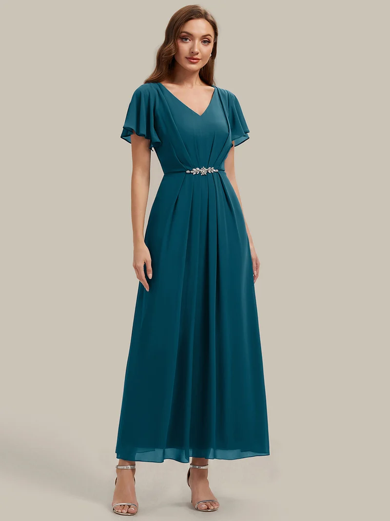 Robe d'invitée à col en V orné de strass et manches à volants