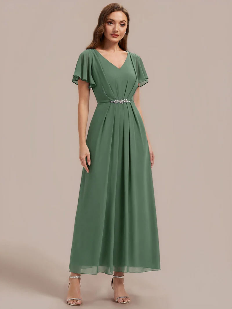 Robe d'invitée à col en V orné de strass et manches à volants