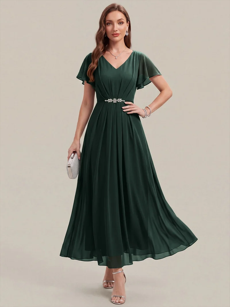 Robe d'invitée à col en V orné de strass et manches à volants