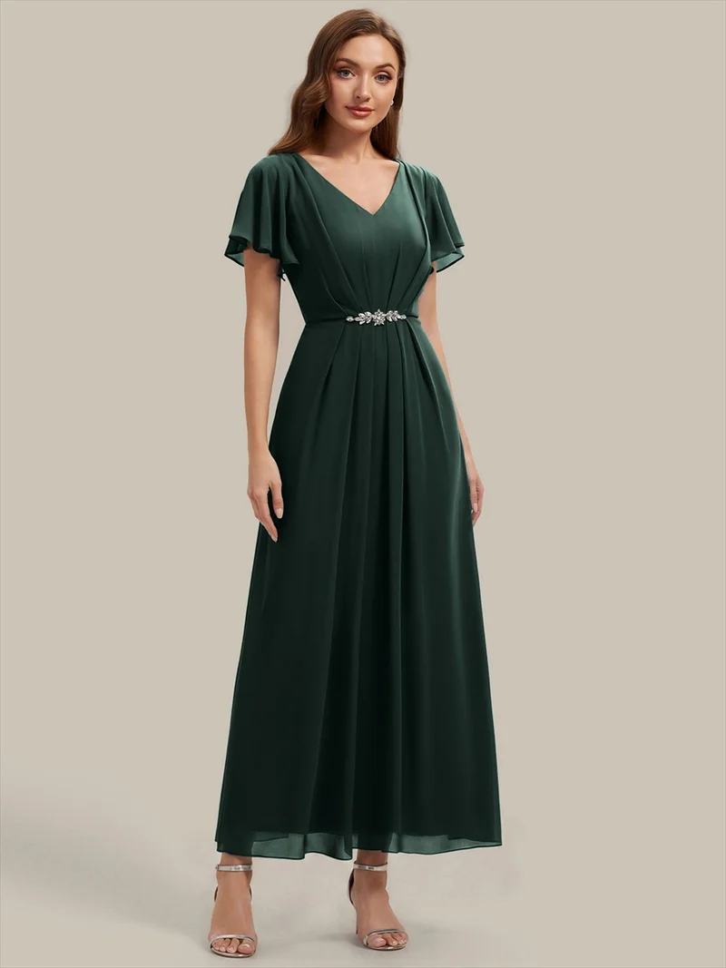 Robe d'invitée à col en V orné de strass et manches à volants