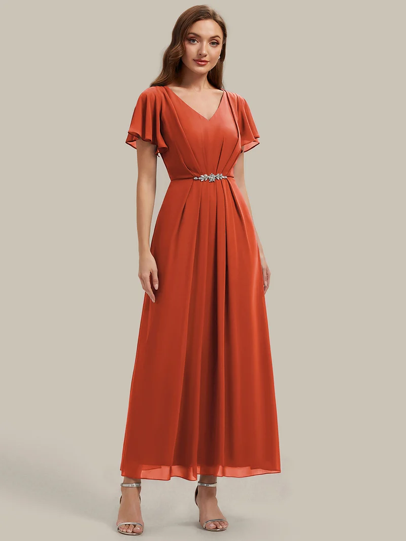 Robe d'invitée à col en V orné de strass et manches à volants