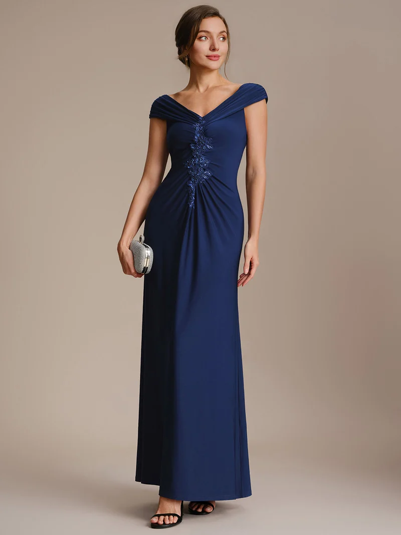 Robe longue moulante à encolure en V dénudée des épaules en tissu extensible