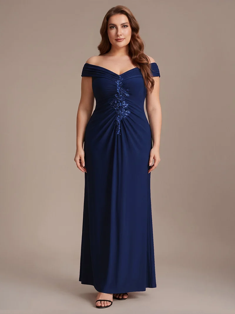 Robe longue moulante à encolure en V dénudée des épaules en tissu extensible