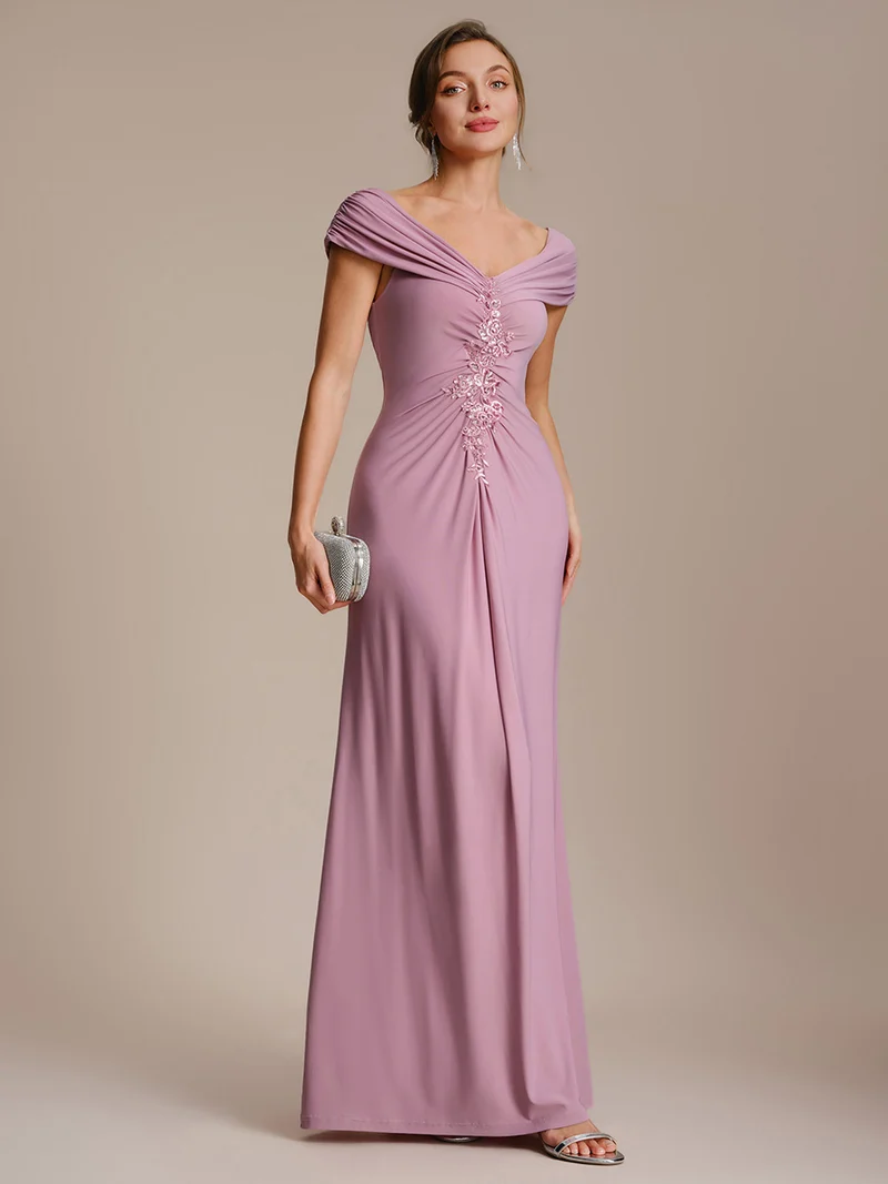 Robe longue moulante à encolure en V dénudée des épaules en tissu extensible