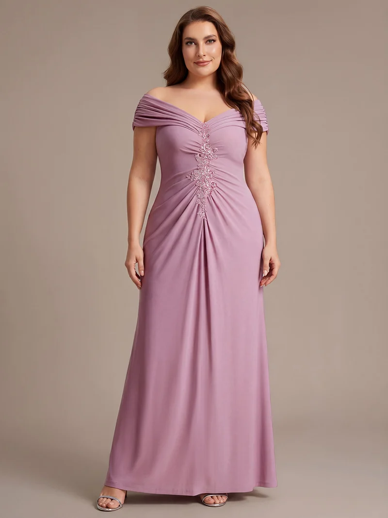 Robe longue moulante à encolure en V dénudée des épaules en tissu extensible