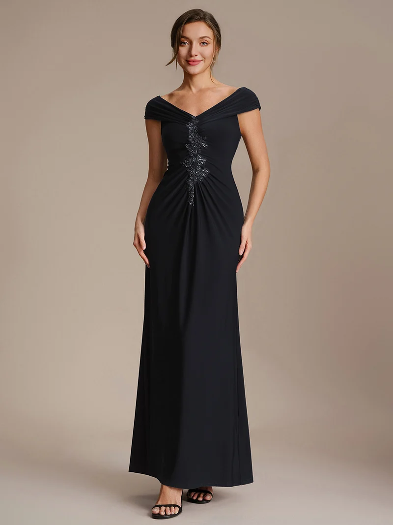 Robe longue moulante à encolure en V dénudée des épaules en tissu extensible