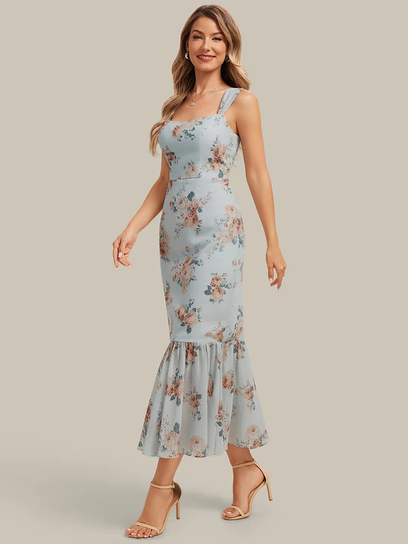 Robe midi sirène sans manches à décolleté en cœur avec corset à imprimé floral plissé