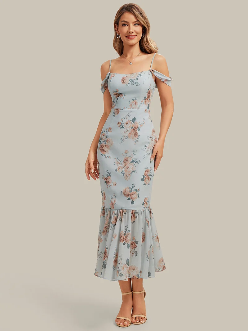 Robe midi sirène sans manches à décolleté en cœur avec corset à imprimé floral plissé