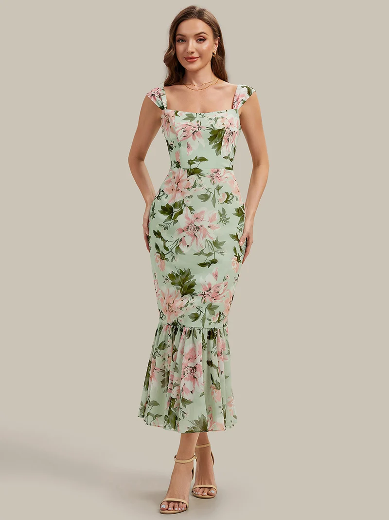 Robe midi sirène sans manches à décolleté en cœur avec corset à imprimé floral plissé