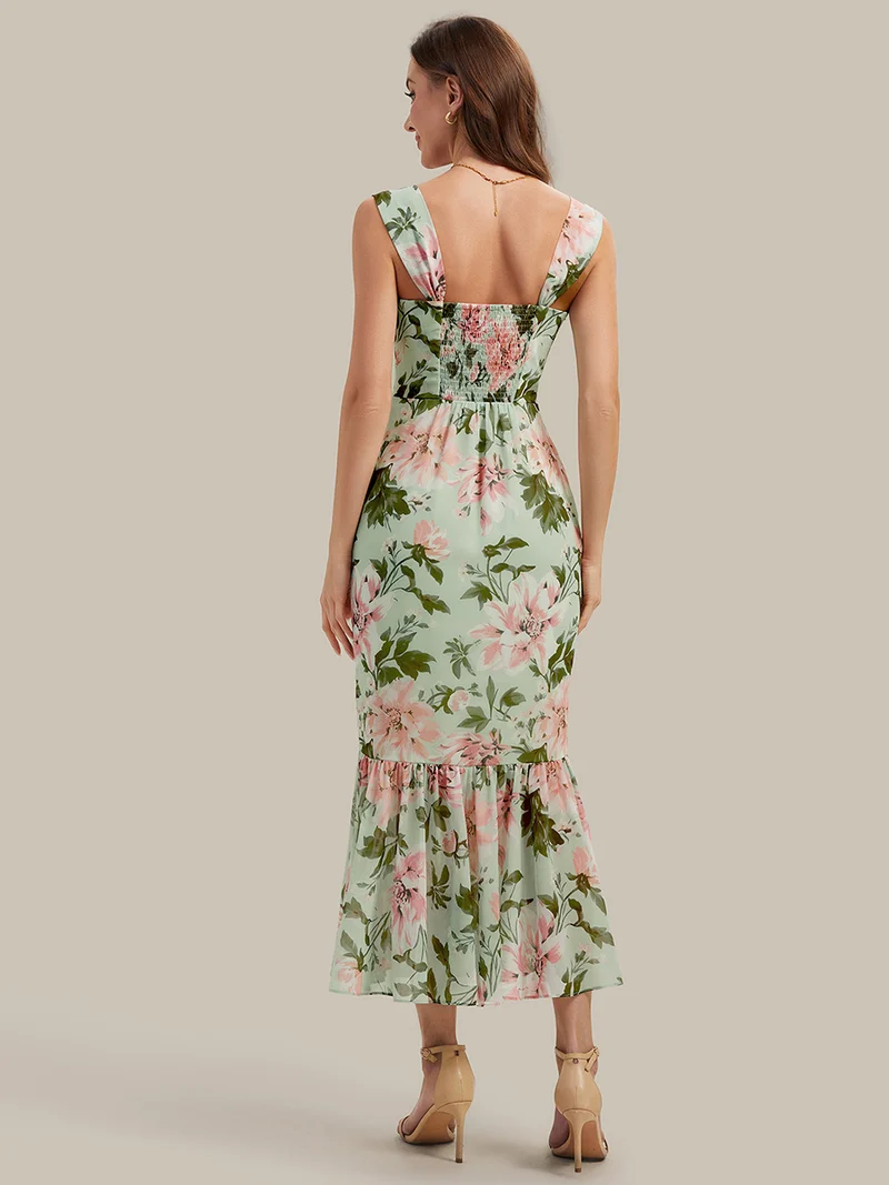 Robe midi sirène sans manches à décolleté en cœur avec corset à imprimé floral plissé