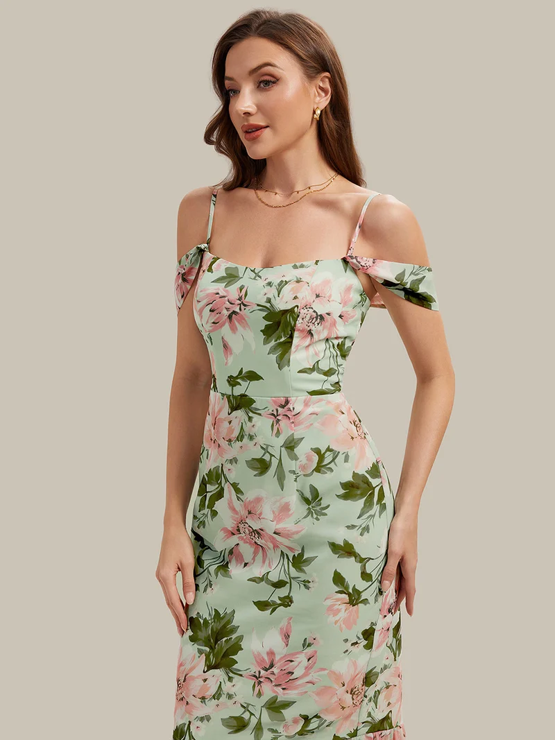 Robe midi sirène sans manches à décolleté en cœur avec corset à imprimé floral plissé