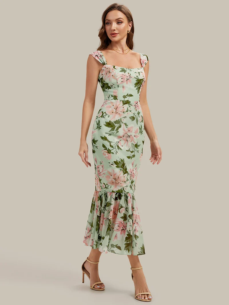 Robe midi sirène sans manches à décolleté en cœur avec corset à imprimé floral plissé