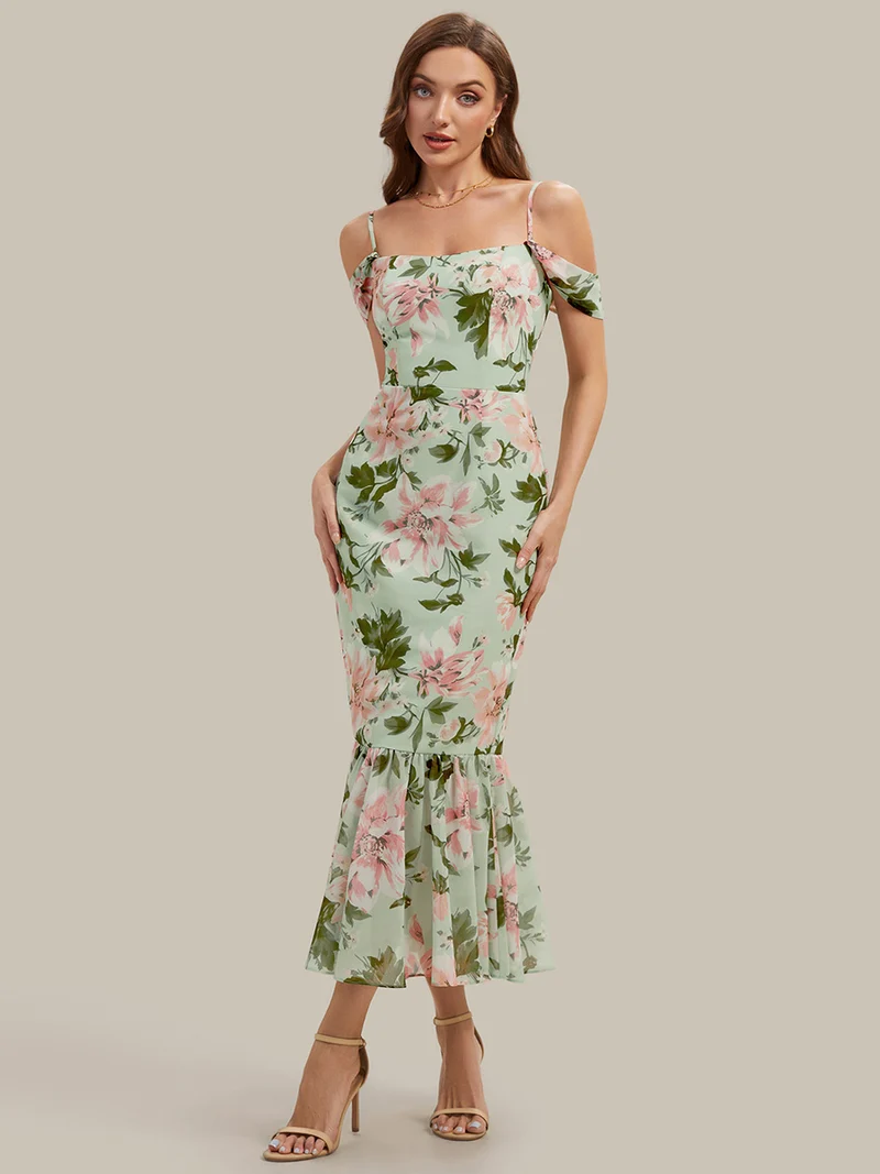 Robe midi sirène sans manches à décolleté en cœur avec corset à imprimé floral plissé