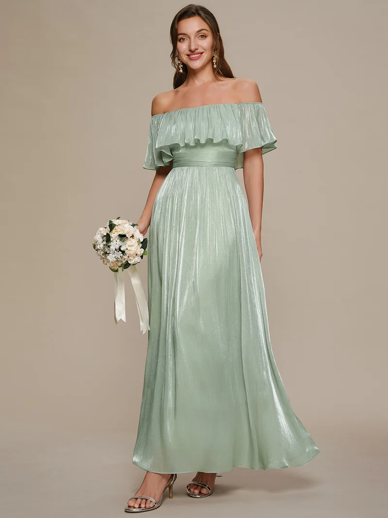 Robe longue à volants à épaules dénudées à manches courtes en forme de A