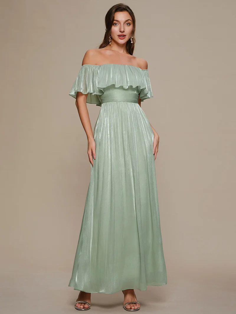 Robe longue à volants à épaules dénudées à manches courtes en forme de A
