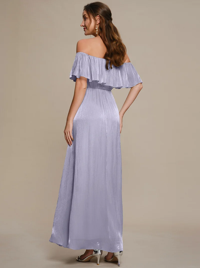 Robe longue à volants à épaules dénudées à manches courtes en forme de A