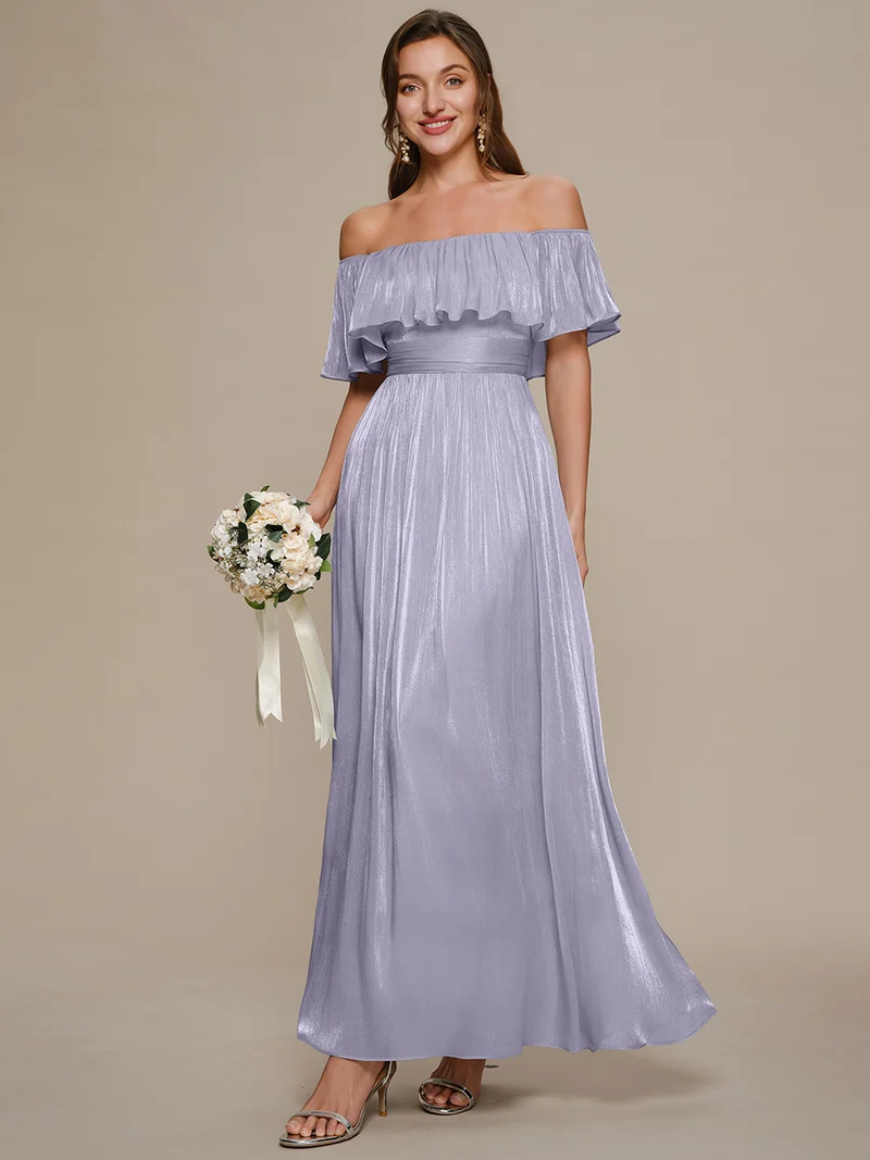 Robe longue à volants à épaules dénudées à manches courtes en forme de A