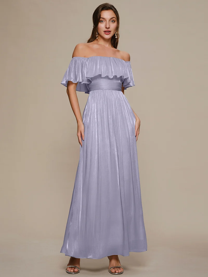 Robe longue à volants à épaules dénudées à manches courtes en forme de A
