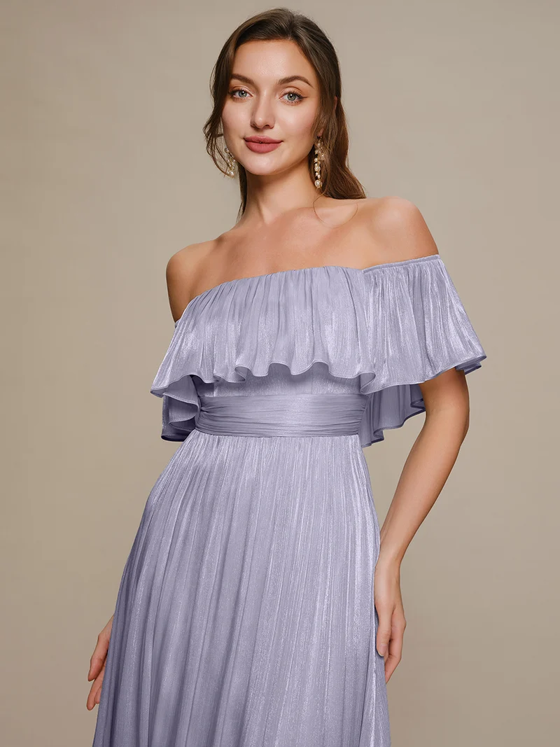 Robe longue à volants à épaules dénudées à manches courtes en forme de A