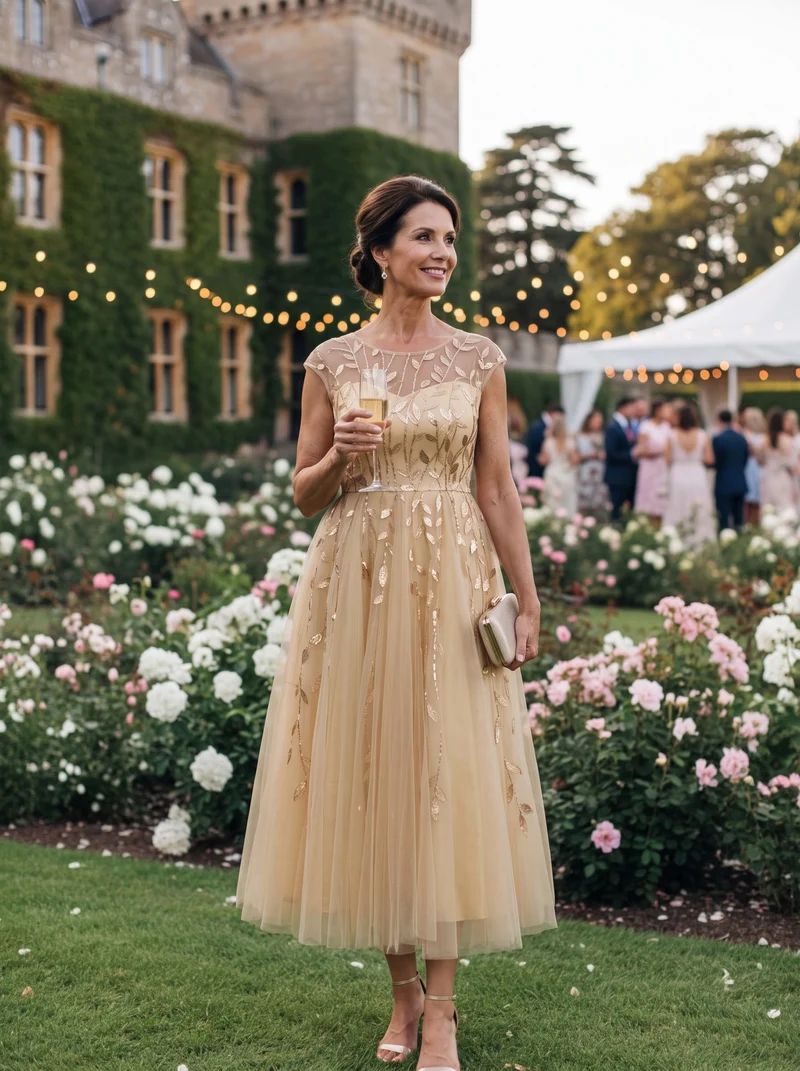 Robe Invitée Mariage Mi-Longue en Tulle Pailleté à Mancherons