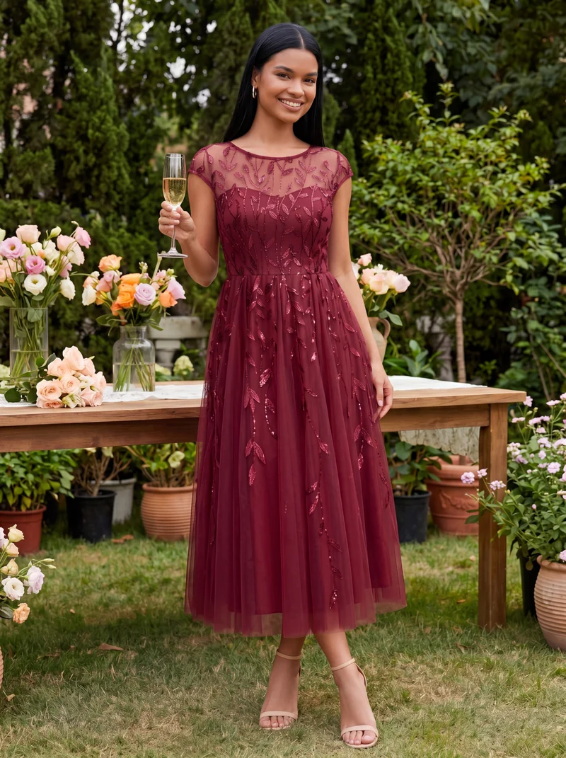 Robe Invitée Mariage Mi-Longue en Tulle Pailleté à Mancherons
