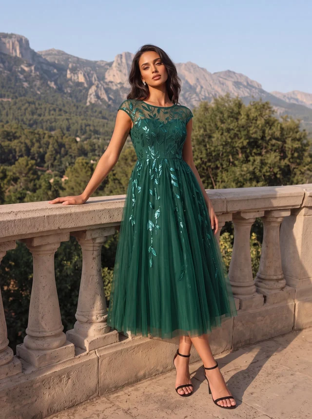 Robe Invitée Mariage Mi-Longue en Tulle Pailleté à Mancherons