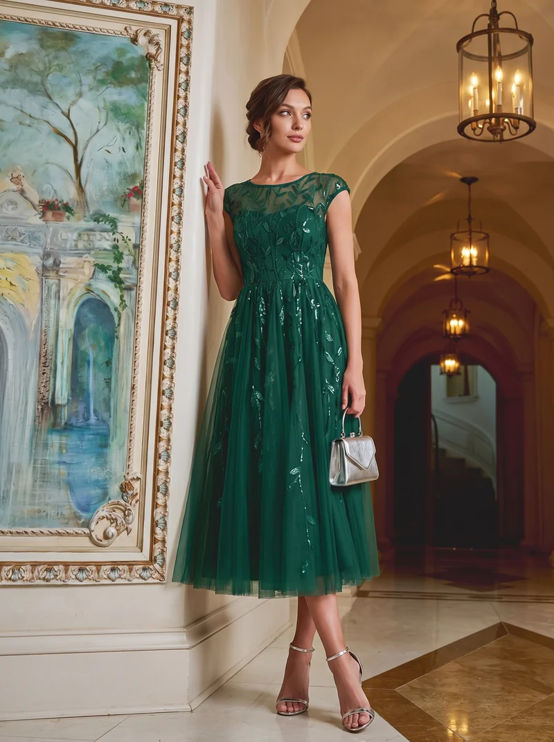 Robe Invitée Mariage Mi-Longue en Tulle Pailleté à Mancherons