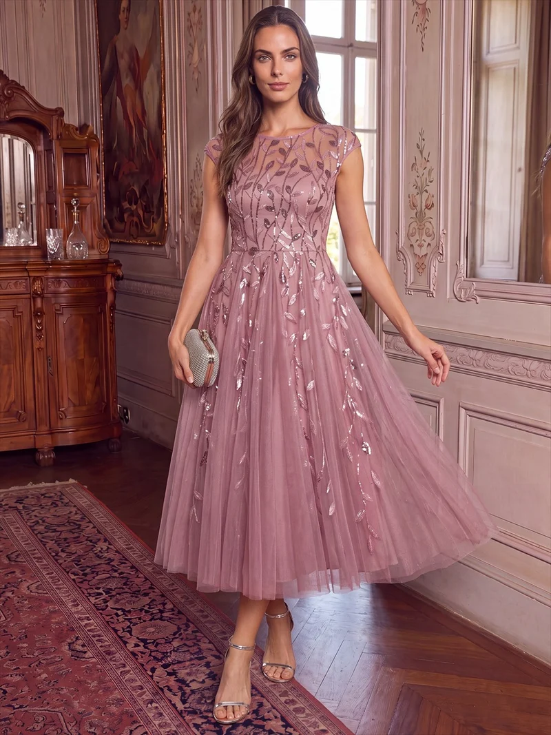 Robe Invitée Mariage Mi-Longue en Tulle Pailleté à Mancherons
