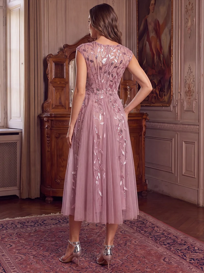 Robe Invitée Mariage Mi-Longue en Tulle Pailleté à Mancherons