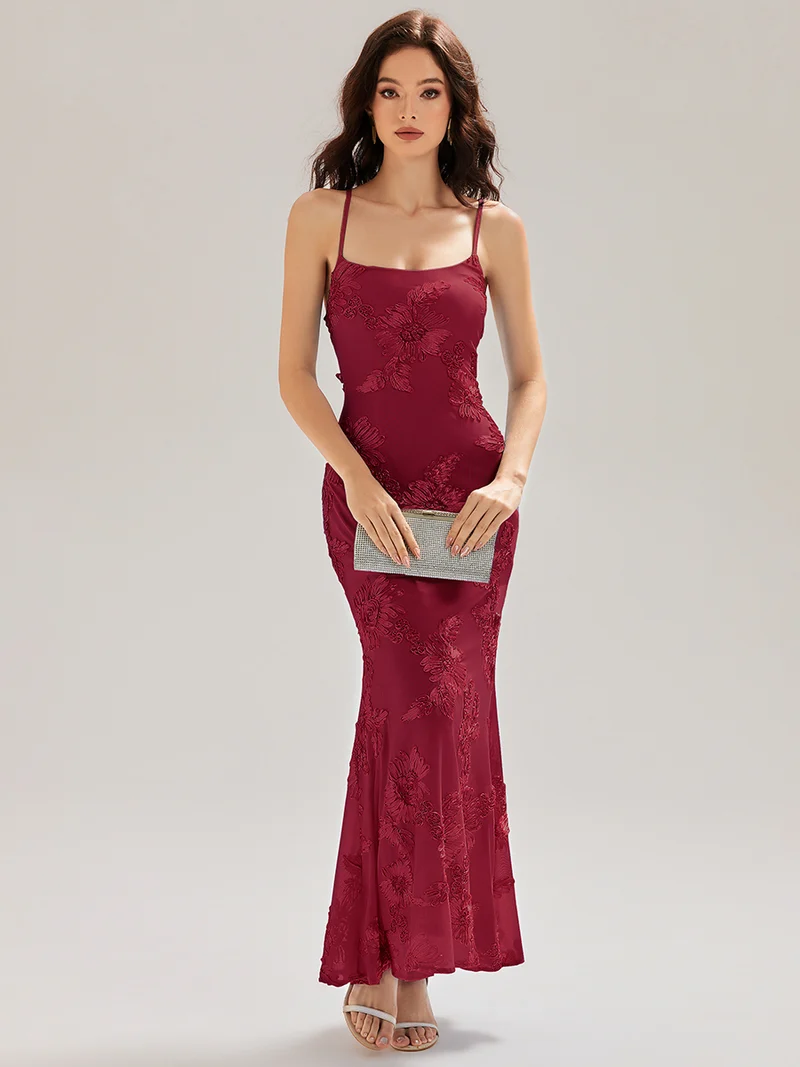 Robe maxi sirène sans manches à bretelles élastiques avec nœud à l'avant et rubans fluides