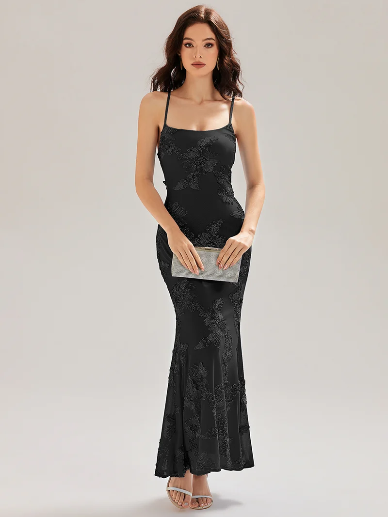 Robe maxi sirène sans manches à bretelles élastiques avec nœud à l'avant et rubans fluides