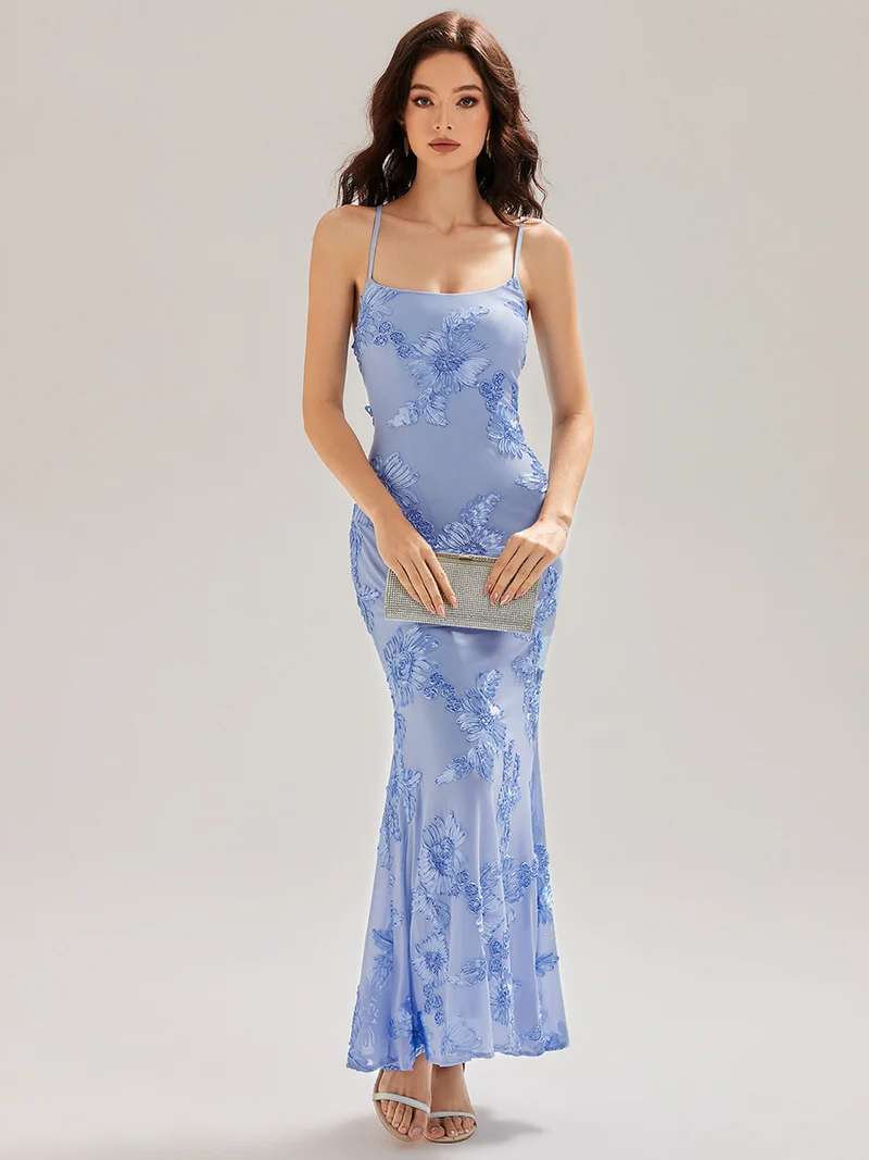 Robe maxi sirène sans manches à bretelles élastiques avec nœud à l'avant et rubans fluides