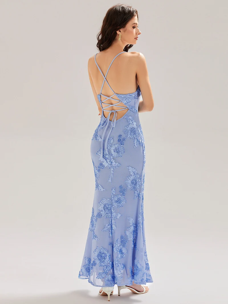 Robe maxi sirène sans manches à bretelles élastiques avec nœud à l'avant et rubans fluides
