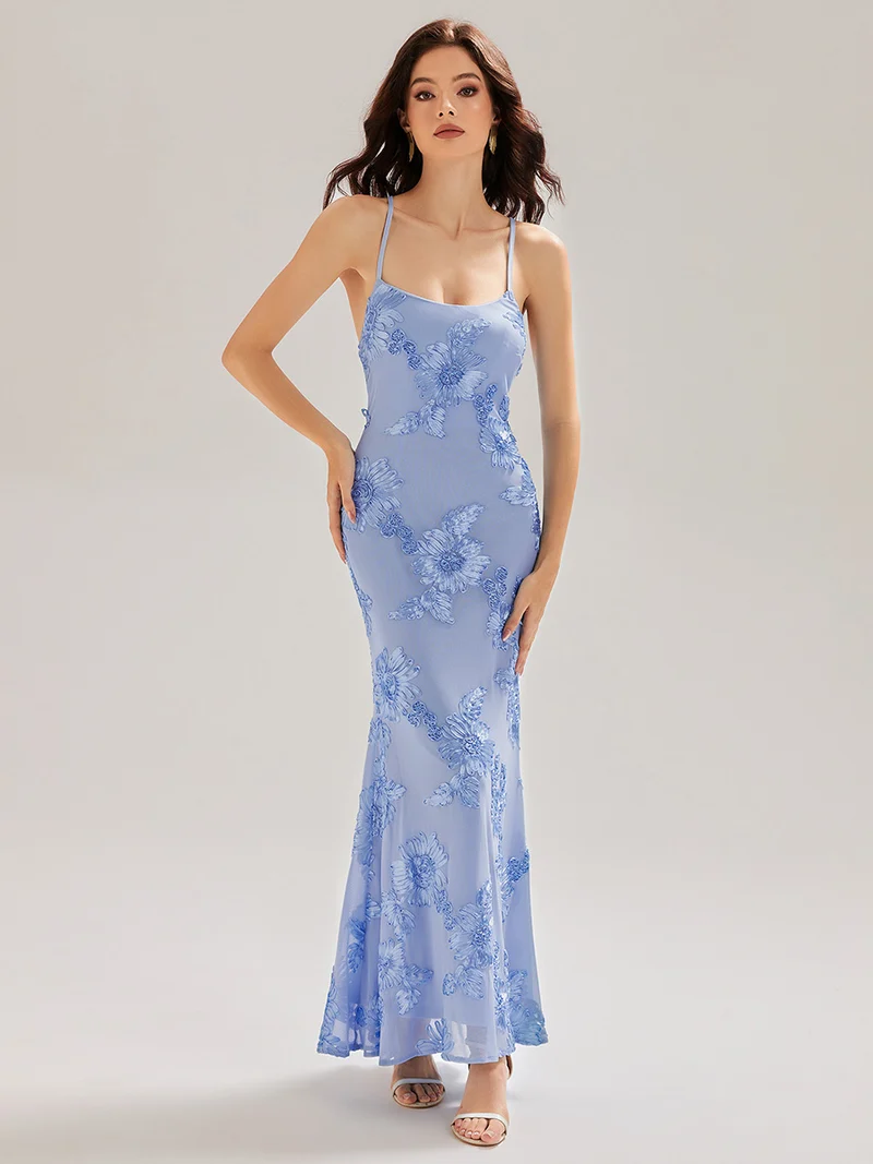 Robe maxi sirène sans manches à bretelles élastiques avec nœud à l'avant et rubans fluides