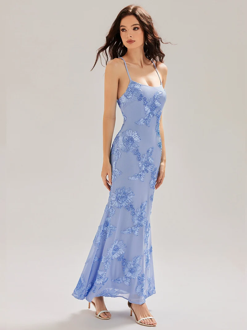 Robe maxi sirène sans manches à bretelles élastiques avec nœud à l'avant et rubans fluides