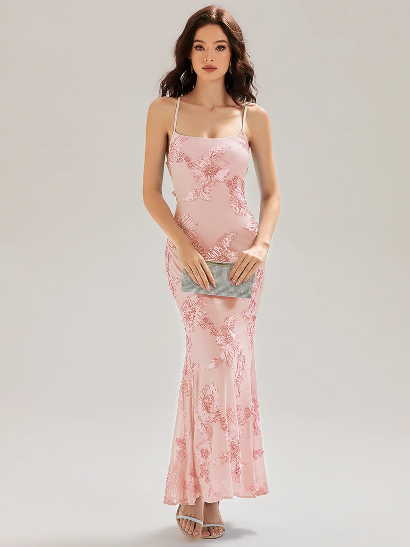 Robe maxi sirène sans manches à bretelles élastiques avec nœud à l'avant et rubans fluides