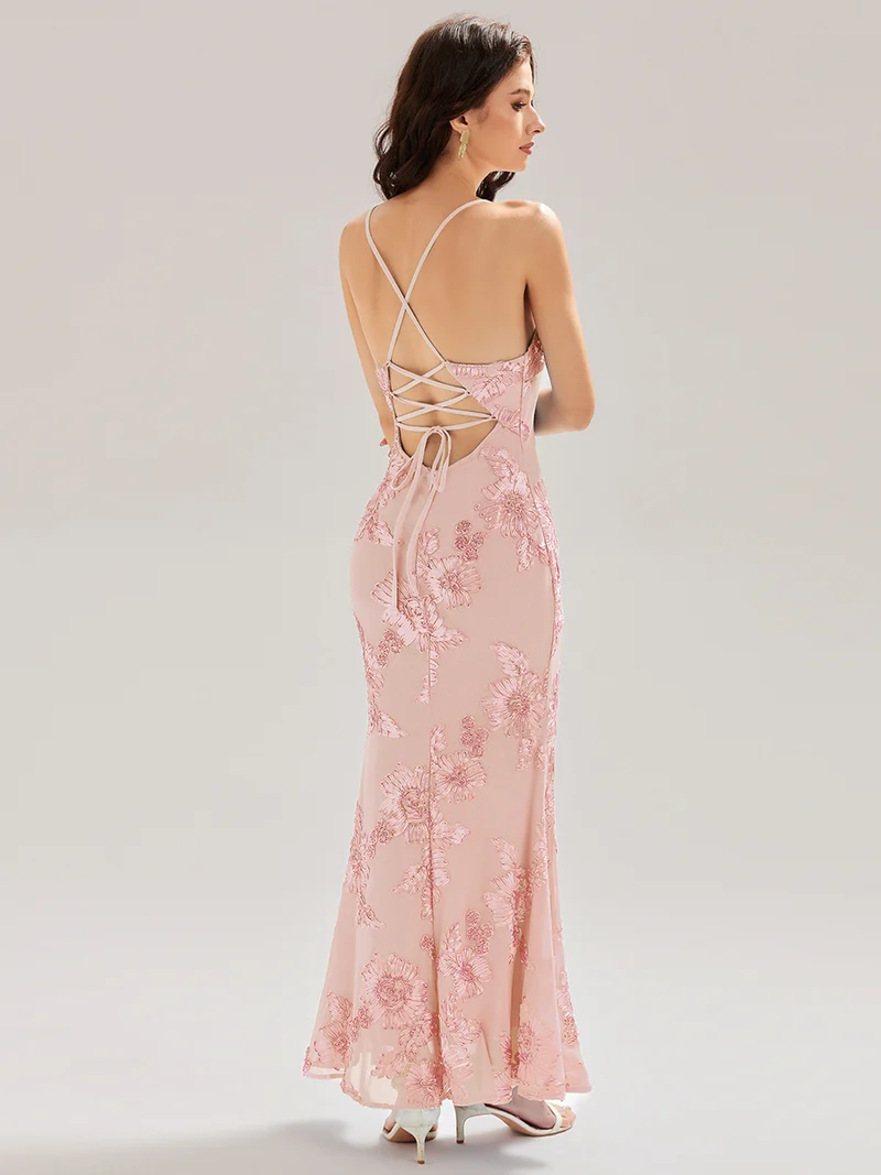 Robe maxi sirène sans manches à bretelles élastiques avec nœud à l'avant et rubans fluides